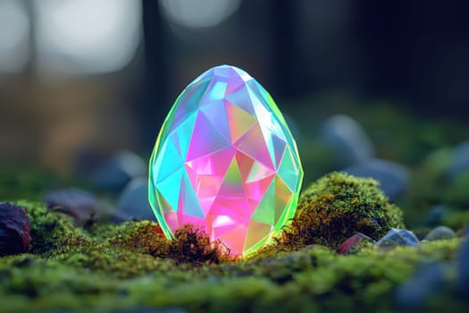 A stunning gemstone egg radiates vibrant colors, sitting gracefully on lush green moss. This enchanting scene captures the beauty and magic of nature, ideal for artistic or decorative use.