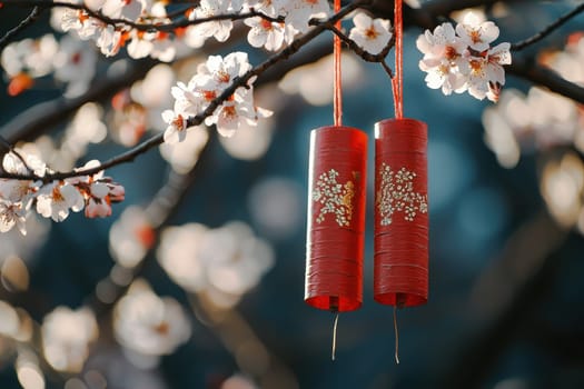 Two elegant red lanterns hang delicately amidst blooming cherry blossoms, showcasing a serene spring scene filled with natural beauty and cultural charm.