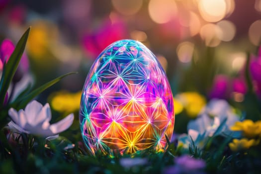 A stunning colorful egg with intricate floral patterns glistens in a garden filled with vibrant flowers, creating a magical springtime atmosphere.