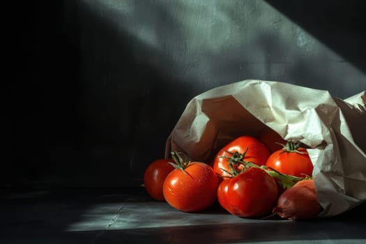 A collection of fresh organic tomatoes wrapped in crumpled paper, resting on a dark surface illuminated by soft light, creating a captivating still life.