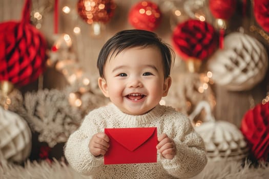 A cheerful baby with a bright smile holds a red envelope, surrounded by beautiful Christmas decorations, radiating warmth and joy in a cozy setting.