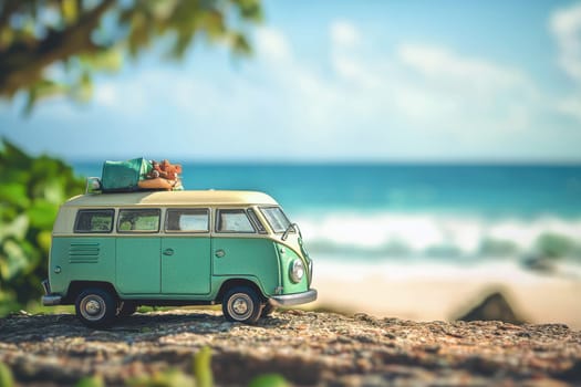 A classic vintage mini van sits on a stone, with luggage on the roof, against a beach backdrop, embodying a sense of adventure and nostalgia.