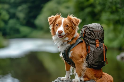 A cheerful dog poses with a backpack beside a peaceful river in a vibrant forest. This charming scene captures the essence of adventure and companionship in nature.