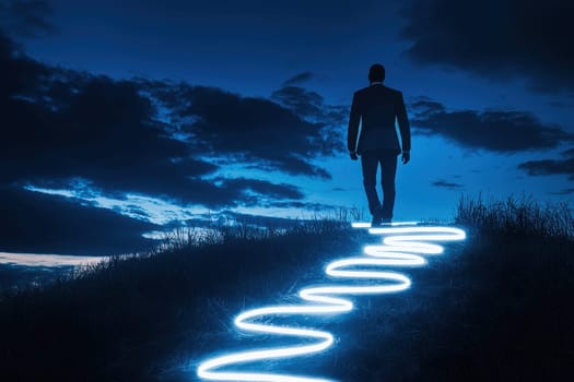 A lone man walks along an illuminated path in a serene landscape, symbolizing progress and hope against a backdrop of dark clouds.