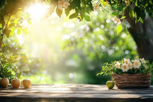 A picturesque outdoor scene featuring a wooden table adorned with fresh apples and a basket of colorful flowers, illuminated by soft sunlight filtering through lush green leaves, creating a serene and natural ambiance.