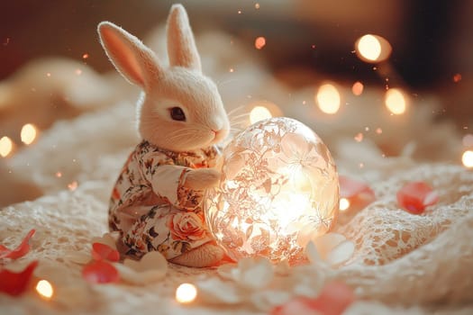 A charming bunny sits closely holding a lighted decorative globe surrounded by soft petals, creating a whimsical and heartwarming atmosphere perfect for spring themes.
