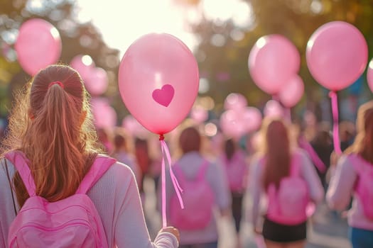 A vibrant scene of a group of individuals walking in a sunlit park, holding pink balloons with heart designs, creating an atmosphere of joy and celebration.