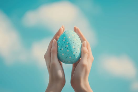 A pair of hands gently holds a stunning blue egg adorned with white speckles, set against a serene sky with fluffy clouds. This image evokes feelings of spring and celebration.