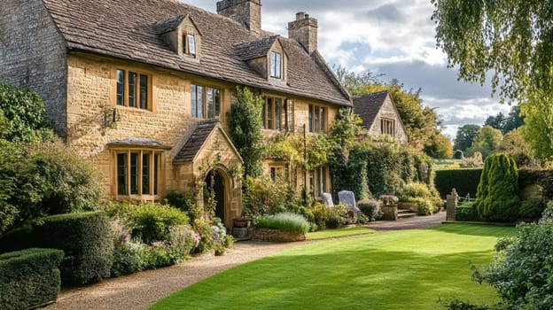 Cotswolds cottage and garden in the English countryside style, modern architecture and design idea