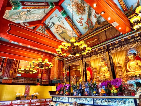 Hong Kong - April 08, 2024: Discover the stunning art and serene statues inside Po Lin Buddhist Monastery in Ngong Ping.