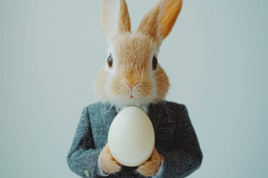 A charming rabbit dressed in a suit, holding a white egg, brings joy and humor for Easter themes. Perfect for spring festivities and marketing.