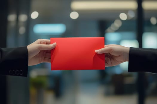 Two hands in a corporate setting exchange a vibrant red envelope, representing important business dealings and professional opportunities in a modern workspace.
