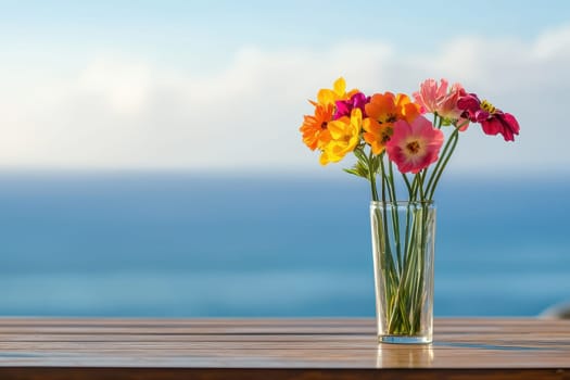 A stunning arrangement of vibrant flowers in a clear vase is set against a tranquil ocean backdrop and blue sky, creating a serene and colorful scene.