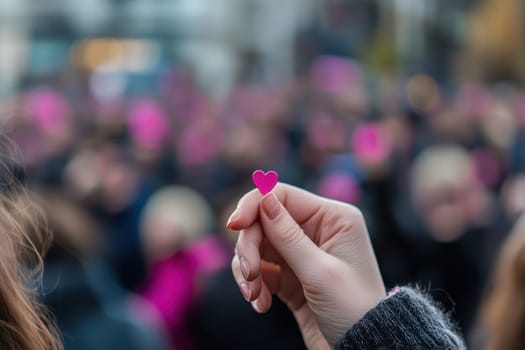 A close-up view of a hand holding a small pink heart symbol amidst a blurred crowd, showcasing themes of unity, love, and support during a demonstration.