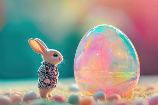 A delightful scene featuring a cute rabbit in a cozy sweater, gazing at a vibrant, colorful bubble beside pastel Easter eggs, evoking a sense of wonder and joy.