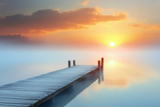 A peaceful sunrise unfolds over a mist-covered lake, showcasing a tranquil wooden dock and soft, colorful reflections in still water.