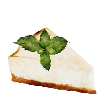 Classic cheesecake watercolor. Illustration of New York cheesecake on isolated white background. A piece of cottage cheese pie decorated lemon and mint. Ideal for coffee shop, pastry shop menu and logo. High quality photo