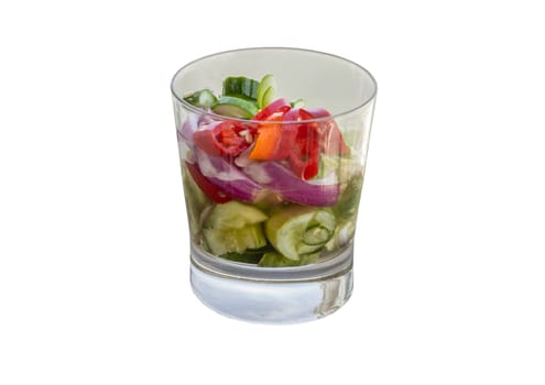Ajat - Homemade thai cucumber slices, chili slices and shallots relish slices and vinegar in a glass cup isolated on with background with clipping path. Selective focus.