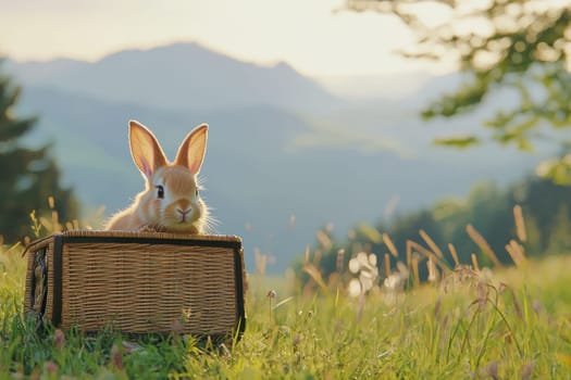 A cute rabbit rests comfortably in a woven basket amidst green grass, with mountains in the background under a bright blue sky, showcasing nature's beauty.