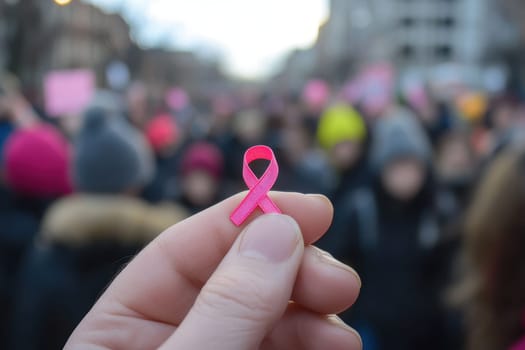 A hand holds a vibrant pink ribbon symbolizing breast cancer awareness against a blurred crowd at a protest. This powerful image captures hope and solidarity.