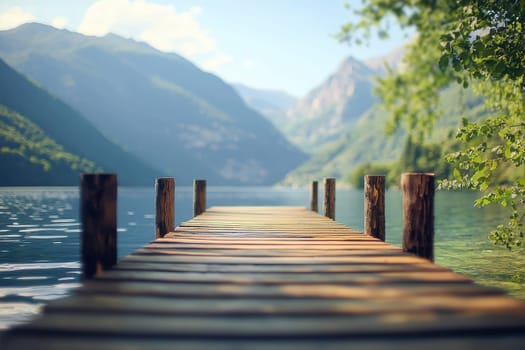 This stunning image captures a wooden dock extending over a serene lake, framed by majestic mountains and vibrant greenery, perfect for nature lovers.