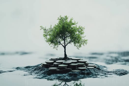 A vibrant green tree stands tall on a stack of coins, symbolizing the connection between nature and financial growth. This image captures the essence of prosperity and sustainable investment.