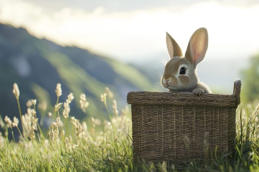 This charming image captures a cute bunny peeking out from a wicker basket, surrounded by lush green grass and soft sunlight. A perfect depiction of innocence and peace.