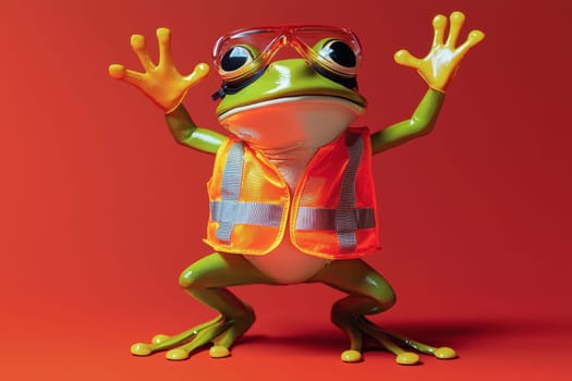 A cheerful frog, dressed in a safety vest and goggles, poses playfully against a bright background. This fun image captures creativity and whimsy.