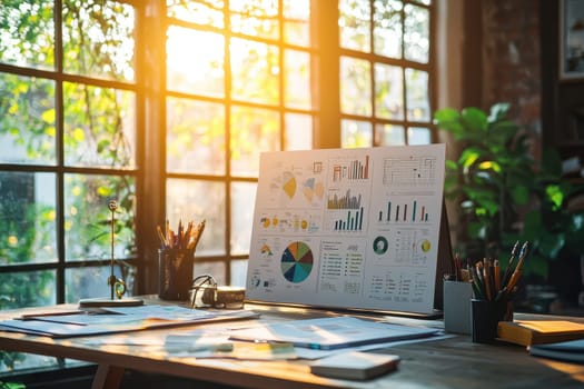 A serene workspace featuring vibrant charts and graphs illuminated by soft sunset light, inspiring productivity and creativity. A perfect blend of nature and work.