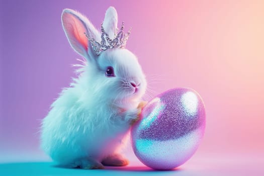 A charming white bunny wearing a crown poses next to a glittering pastel egg, creating a magical and festive atmosphere perfect for celebrations.