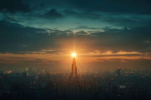 Breathtaking view of a sunset illuminating an urban skyline, highlighting a towering structure against a backdrop of vibrant colors.