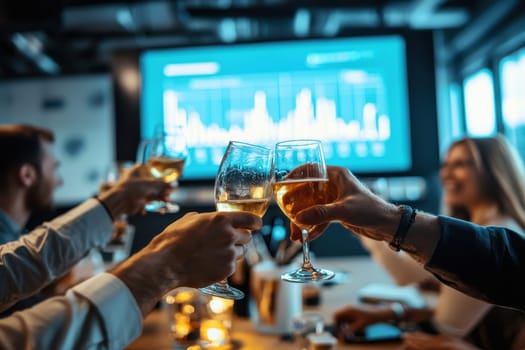 A joyful celebration in a modern office setting, where colleagues raise their glasses in a lively toast to success and teamwork, surrounded by a vibrant atmosphere.