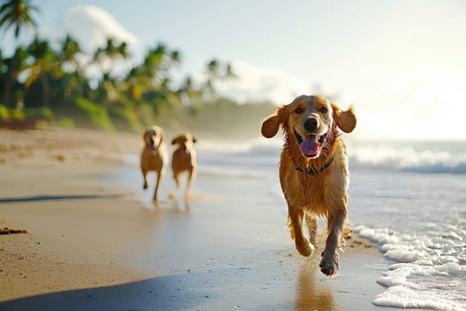 A joyful golden retriever runs along the beach, splashing in the water as two other dogs play nearby. The scene captures the essence of adventure and happiness in nature.