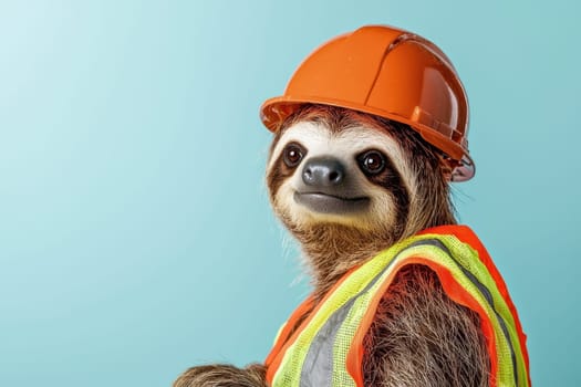 This playful image features a sloth wearing a bright orange construction helmet and safety vest, adding a humorous touch to construction themes. Perfect for creative projects!