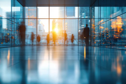 A striking urban sunset casts warm light through a glass building, creating silhouettes of people walking. The scene reflects modern architecture and vibrant city life.