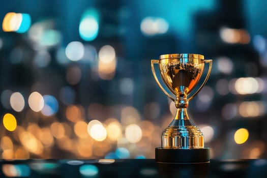 A gleaming golden trophy stands prominently against a blurred city lights backdrop, symbolizing achievement and success in competitions and celebrations.