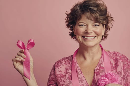 A joyful woman proudly displays a pink ribbon, symbolizing support for an important cause, set against a soft pink background.
