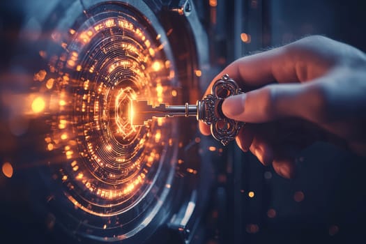 A hand holds a mystical key, poised to unlock a digital safe, surrounded by glowing circuits and light trails. This futuristic concept symbolizes technology and security.