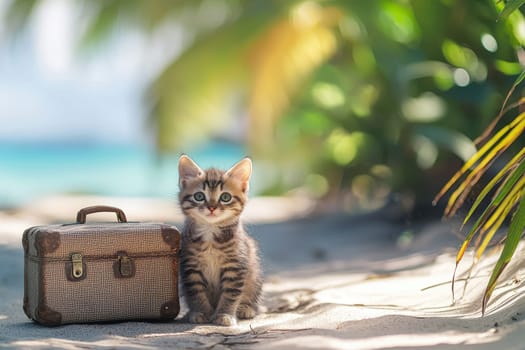 A charming little kitten explores its surroundings beside a vintage suitcase on a tropical beach, exuding a sense of adventure and joy.