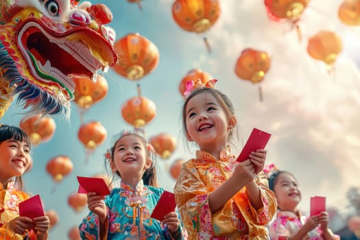 A group of joyful children holds red envelopes, celebrating a traditional festival surrounded by vibrant lanterns, capturing the essence of cultural festivities.