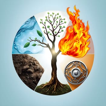 five elements water earth fire wood metal blue background figure logo. High quality 3d illustration