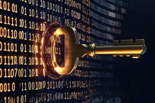 A golden key symbolically unlocking digital data represented by glowing binary code. This artistic image represents security, encryption, and technology.