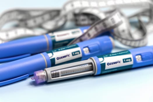 Ozempic Insulin injection pen or insulin cartridge pen for diabetics and weight loss. Medical equipment for diabetes parients. Copenhagen, Denmark - December 18, 2024
