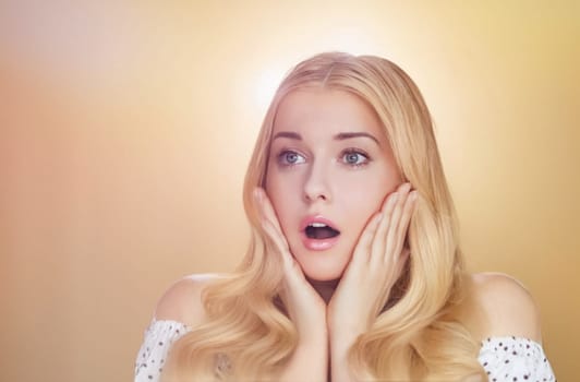 Woman, beauty and surprise, skincare routine and facial expression of amazement. Blonde beautiful woman, glamour, elegance and cosmetic glow, portrait and joyful expression of wonder idea