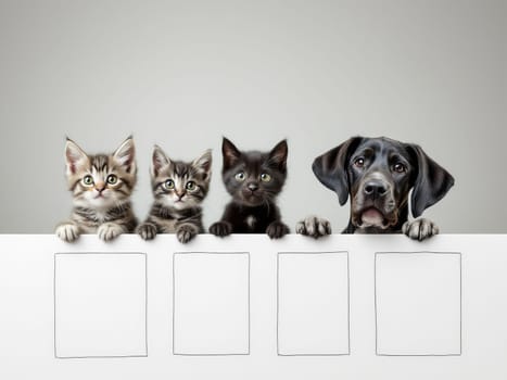 Three adorable kittens and a playful puppy are holding a blank sign featuring four empty frames, set against a soft gray background in a charming studio shot