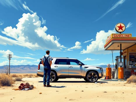 Farmer standing beside an SUV at an abandoned gas station in a remote desert, surrounded by desolation and vintage Americana scenery. Ai generated