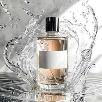 Pink gin bottle is standing in water with red ribbons flying around it and water splashing. The background is light grey