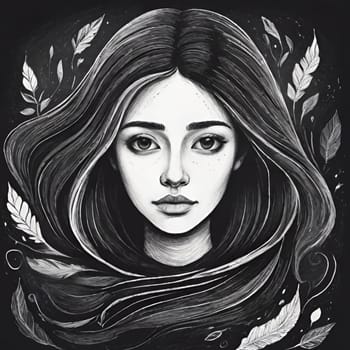 black white portrait girl drawing. High quality illustration