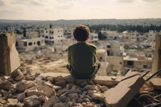 A child sits on the ruins of his house after bombardment