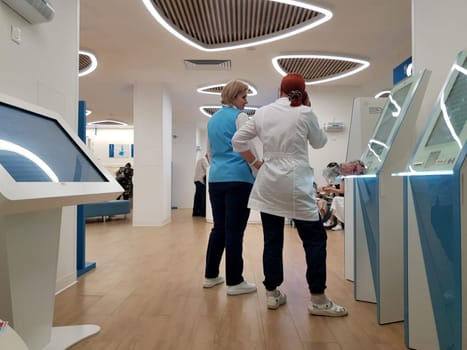 Moscow, Russia - June 19. 2024. Modern interior of a State polyclinic in Zelenograd